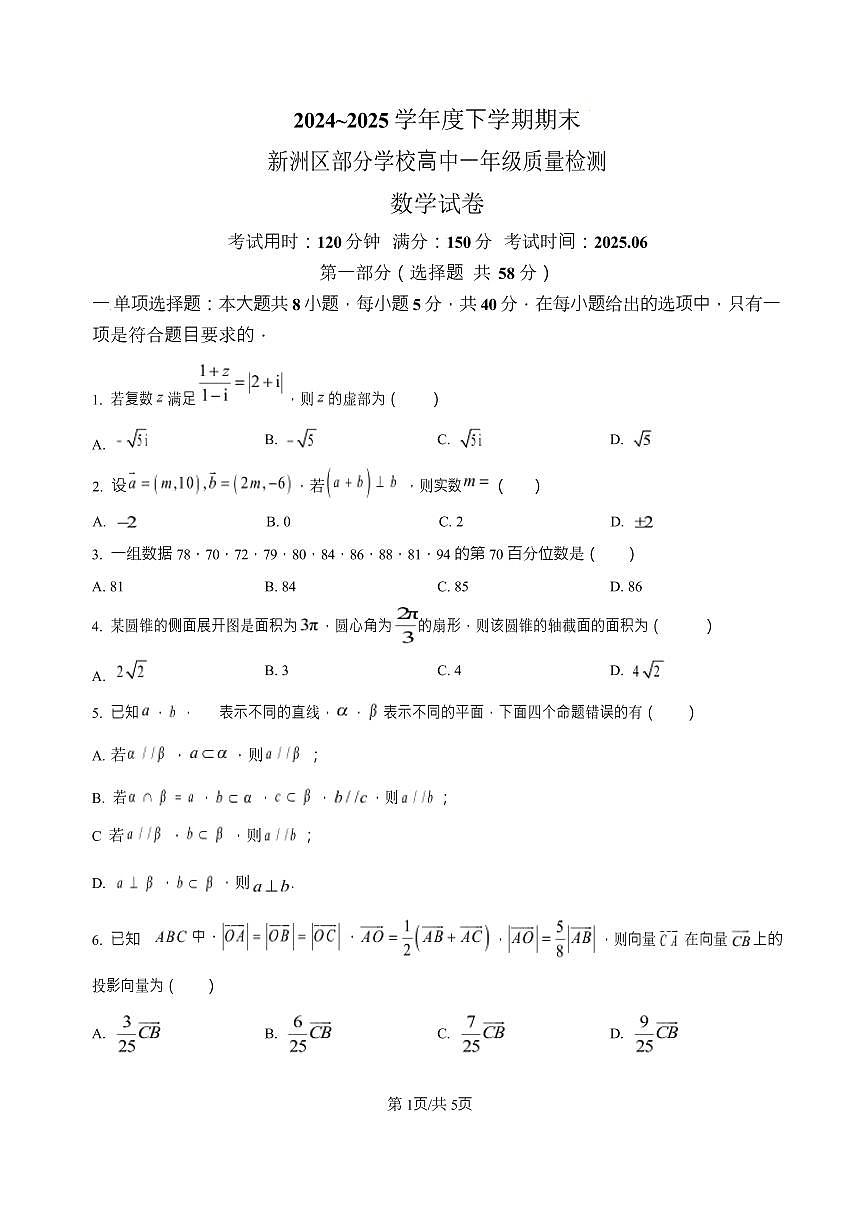 湖北省武汉市新洲区问津联盟2024-2025学年高一下学期6月期末考试数学试卷第1页