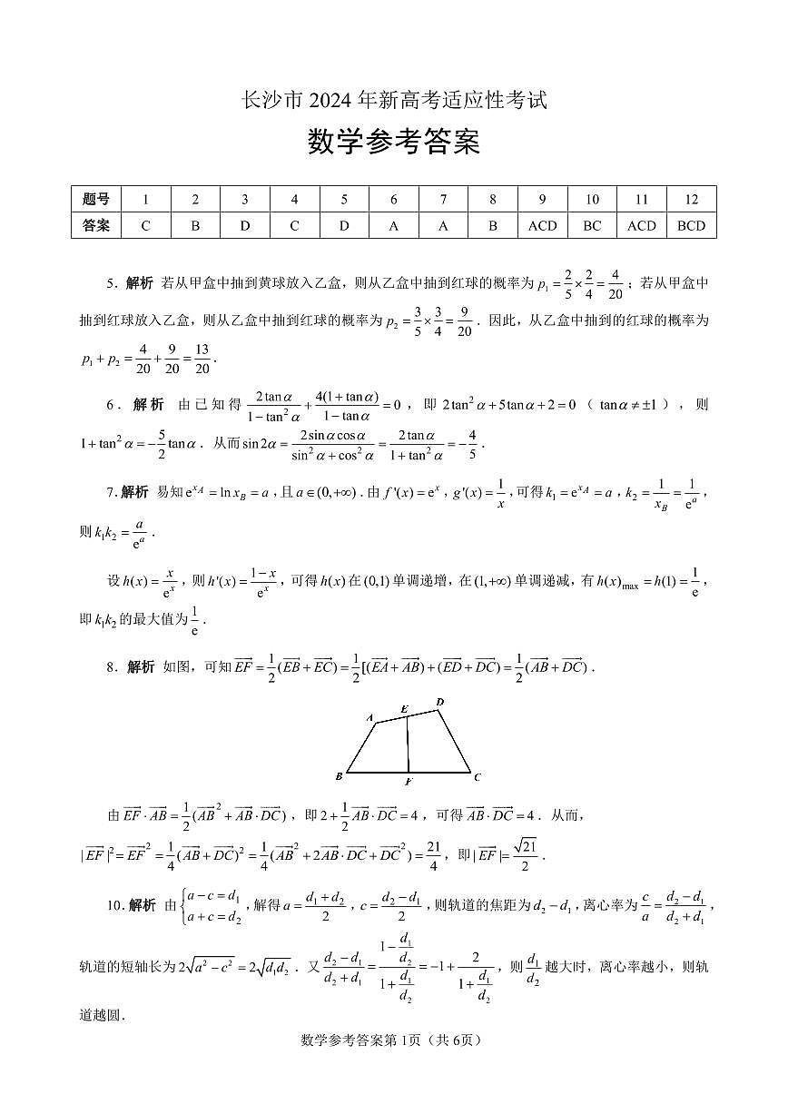 【数学参考答案】长沙市2024 年新高考适应性考试第1页
