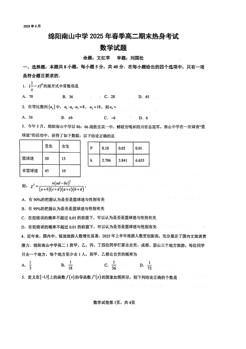 绵阳南山中学实验学校2024-2025学年高二下学期期末测试数学试卷第1页