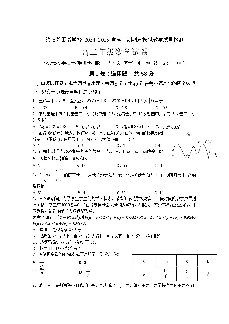 四川省绵阳外国语学校2024-2025学年高二下学期期末模拟考试数学试卷第1页