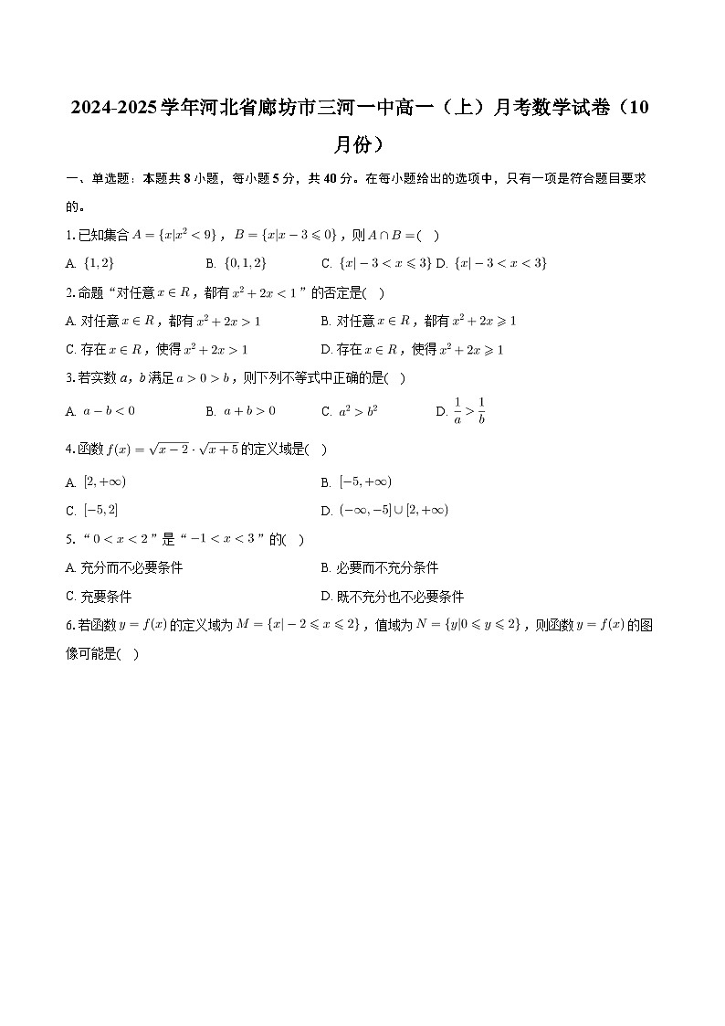 河北省三河市第一中学2024-2025学年高一上学期10月月考数学试题第1页