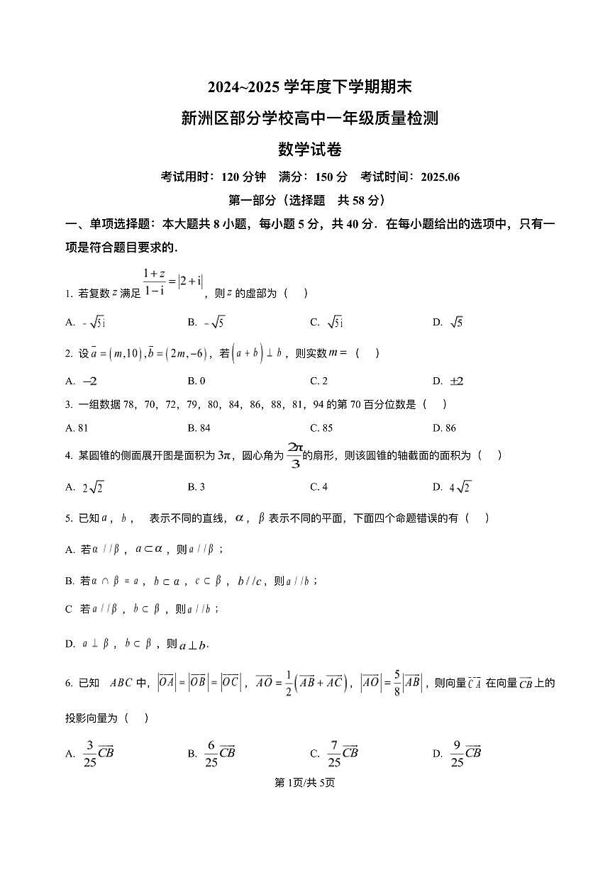 湖北省武汉市新洲区问津联盟2024-2025学年高一下学期6月期末考试数学试题（PDF版附解析）第1页