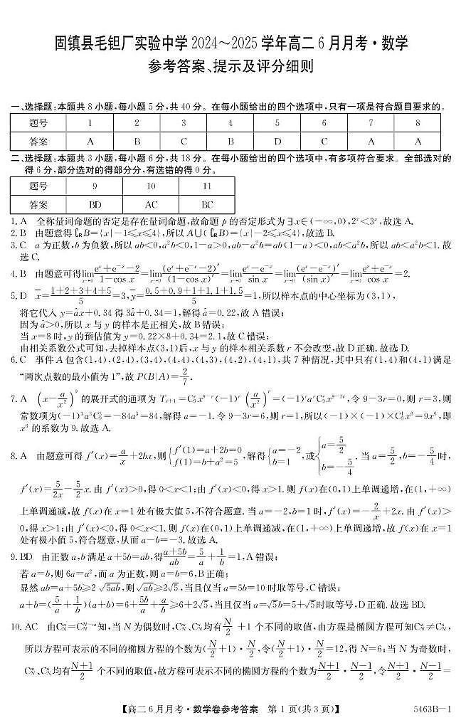 安徽省蚌埠市固镇县固镇县毛钽厂实验中学2024-2025学年高二下学期6月月考数学试卷参考答案第1页