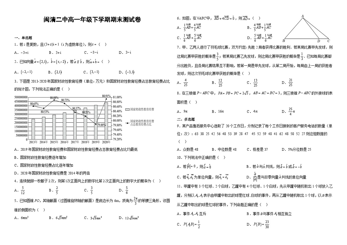 闽清二中高一期末考试数学试卷第1页
