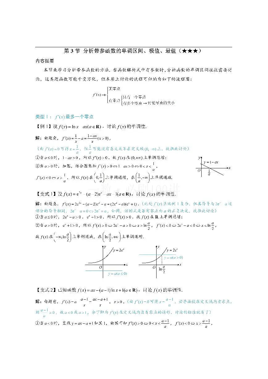 第3节 分析带参函数的单调区间、极值、最值（方法册+习题册）第1页