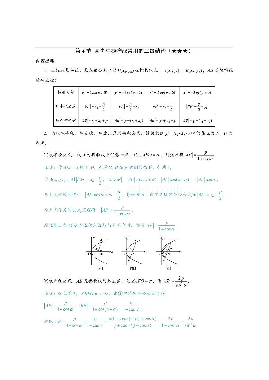 第4节 高考中抛物线常用的二级结论(方法册+习题册)第1页