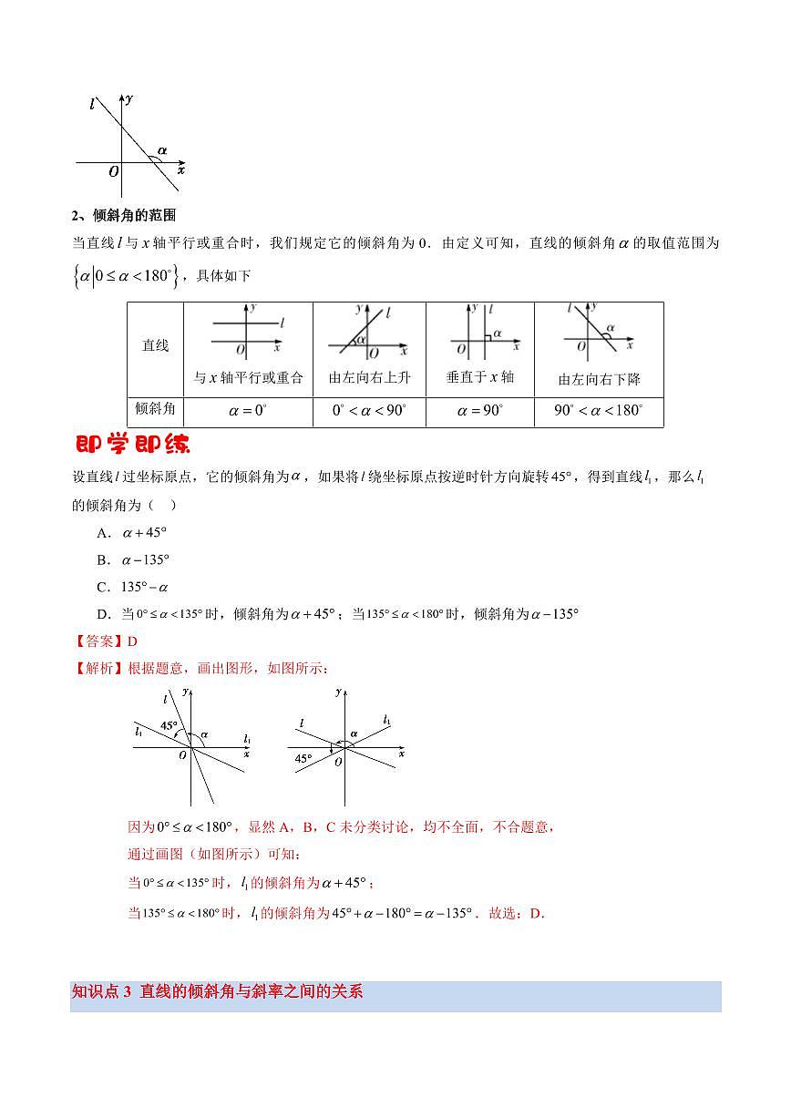 第01讲 直线的斜率与倾斜角(3知识点+6考点+过关检测)(解析版)第3页