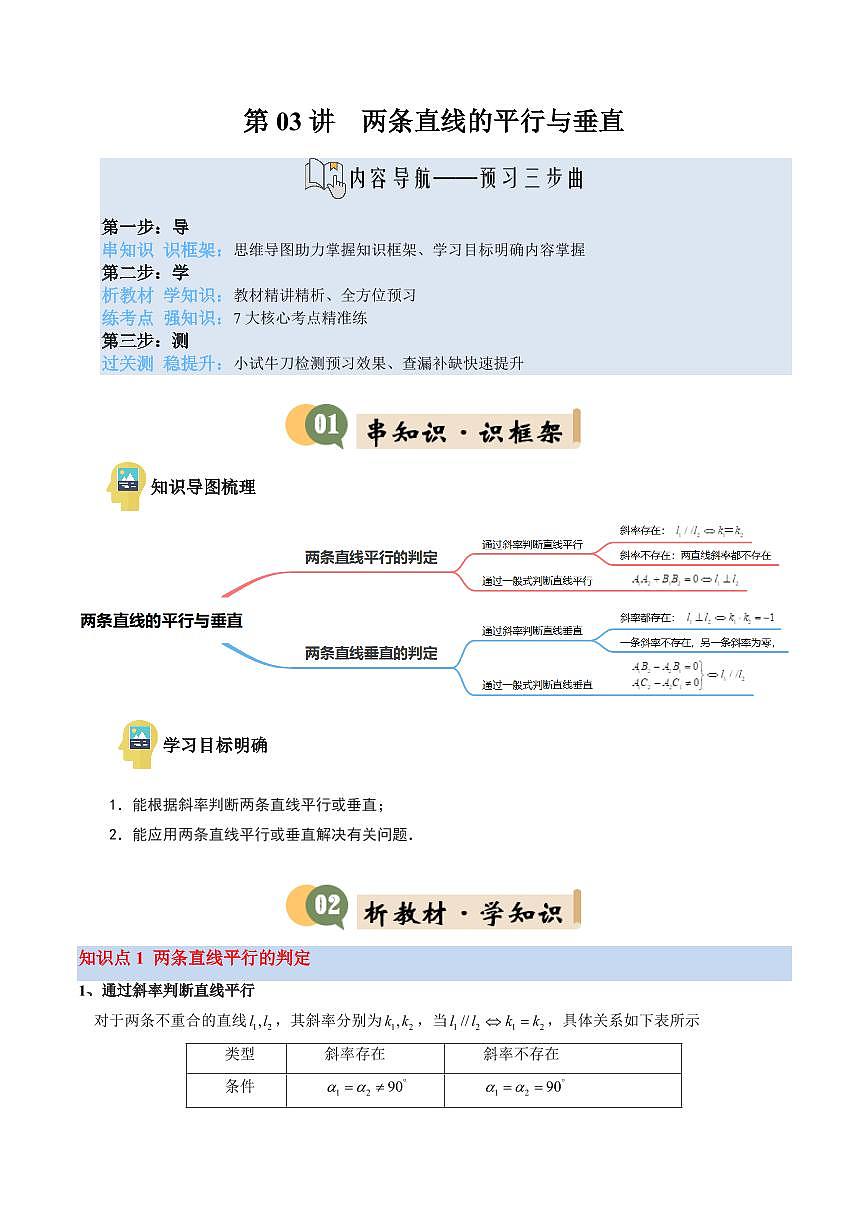 第03讲 两条直线的平行与垂直(2知识点+6考点+过关检测)(原卷版)第1页