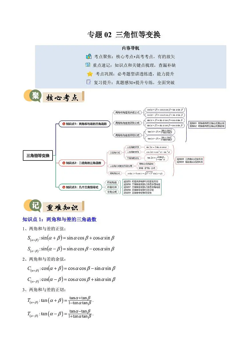 专题02 三角恒等变换(3重点+9题型+复习提升)(原卷版)第1页