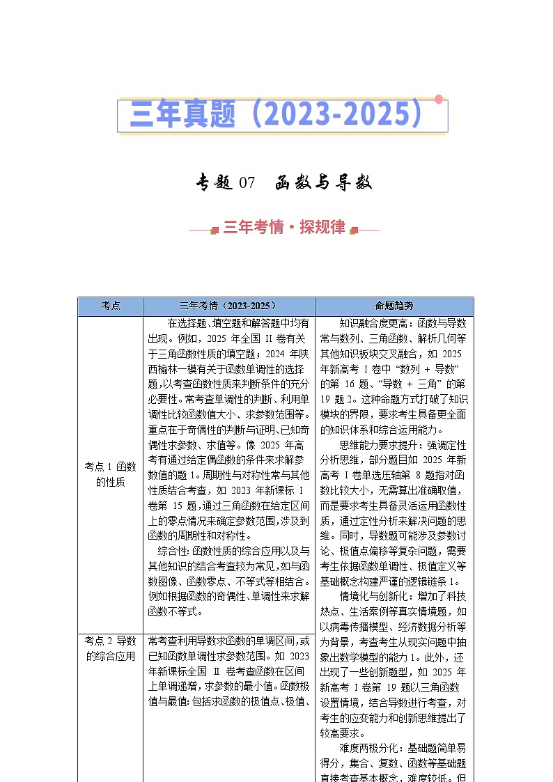 三年（2023-2025）高考数学真题分类汇编：专题07 函数与导数（全国通用）（原卷版）第1页
