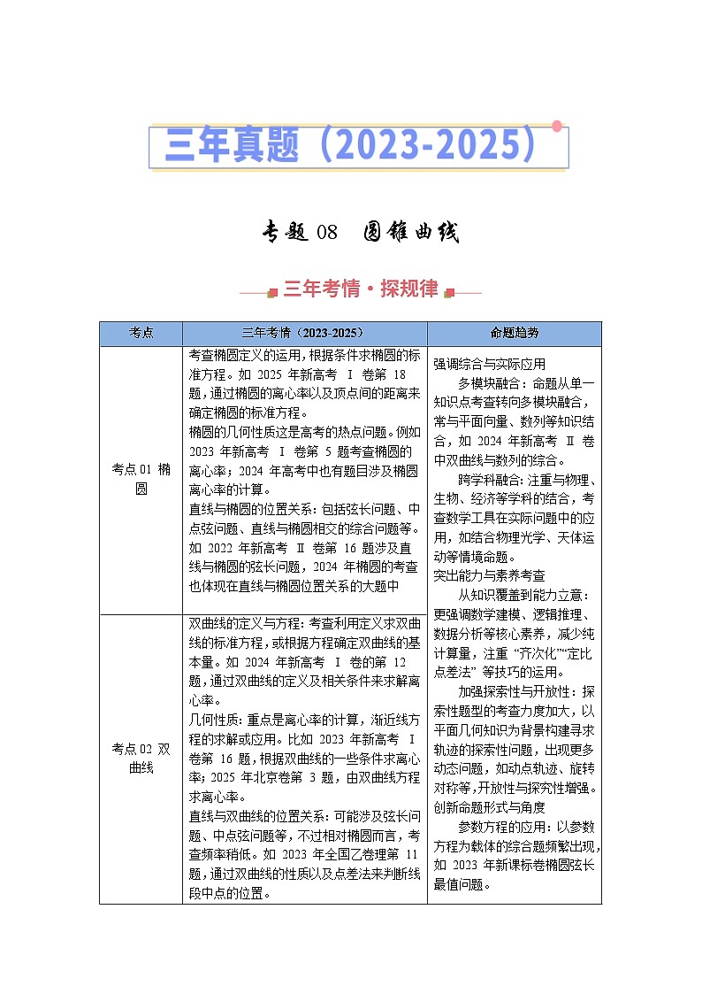 三年（2023-2025）高考数学真题分类汇编：专题08  圆锥曲线（全国通用）（原卷版）第1页