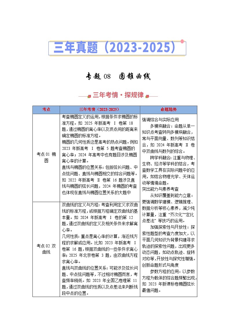 三年（2023-2025）高考数学真题分类汇编：专题08  圆锥曲线（全国通用）（解析版）第1页