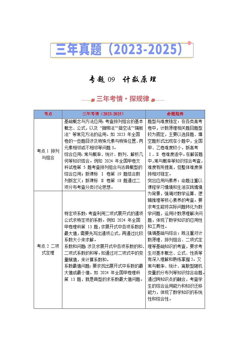 三年（2023-2025）高考数学真题分类汇编：专题09  计数原理（全国通用）（解析版）第1页