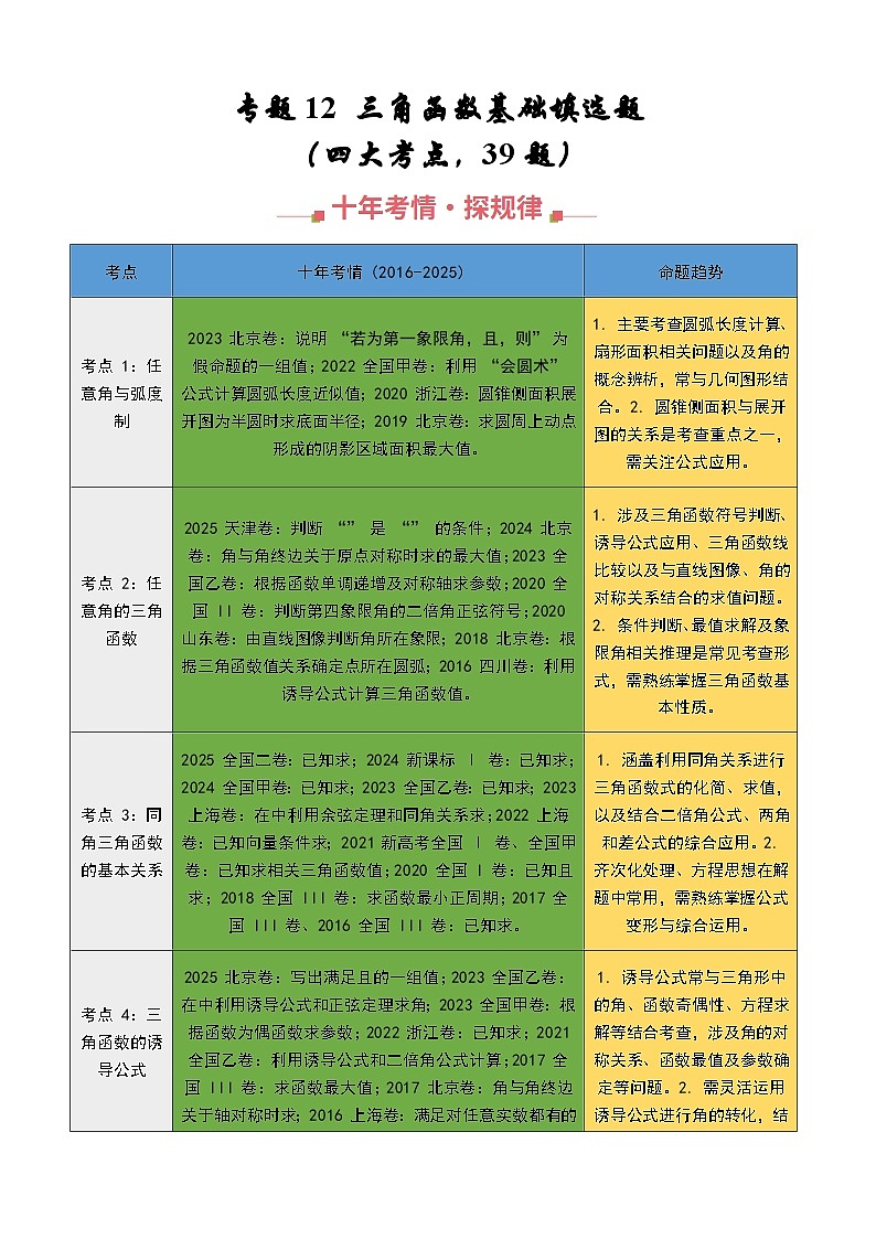 十年（2016-2025）高考数学真题分类汇编：专题12 三角函数基础填选题（四大考点，39题）（解析版）第1页