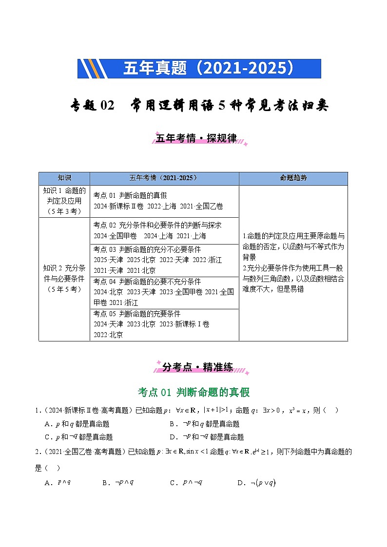 五年（2021-2025）高考数学真题分类汇编：专题02 常用逻辑用语5种常见考法归类（全国通用）（原卷版）第1页