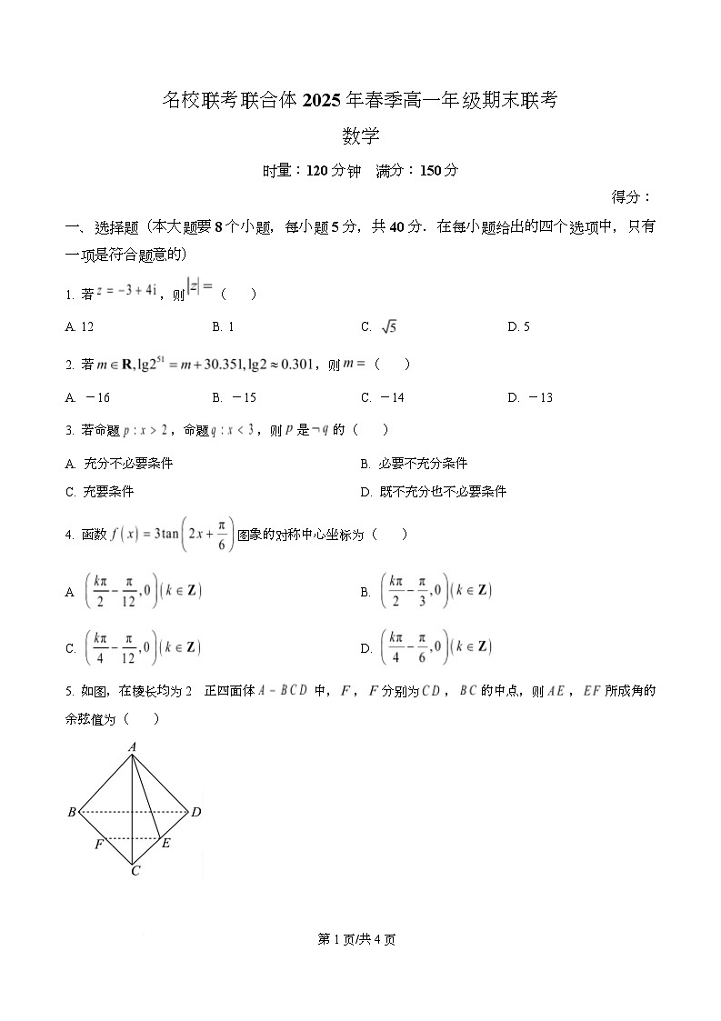 湖南省名校联考联合体2024-2025学年高一下学期期末考试数学试卷  Word版无答案第1页
