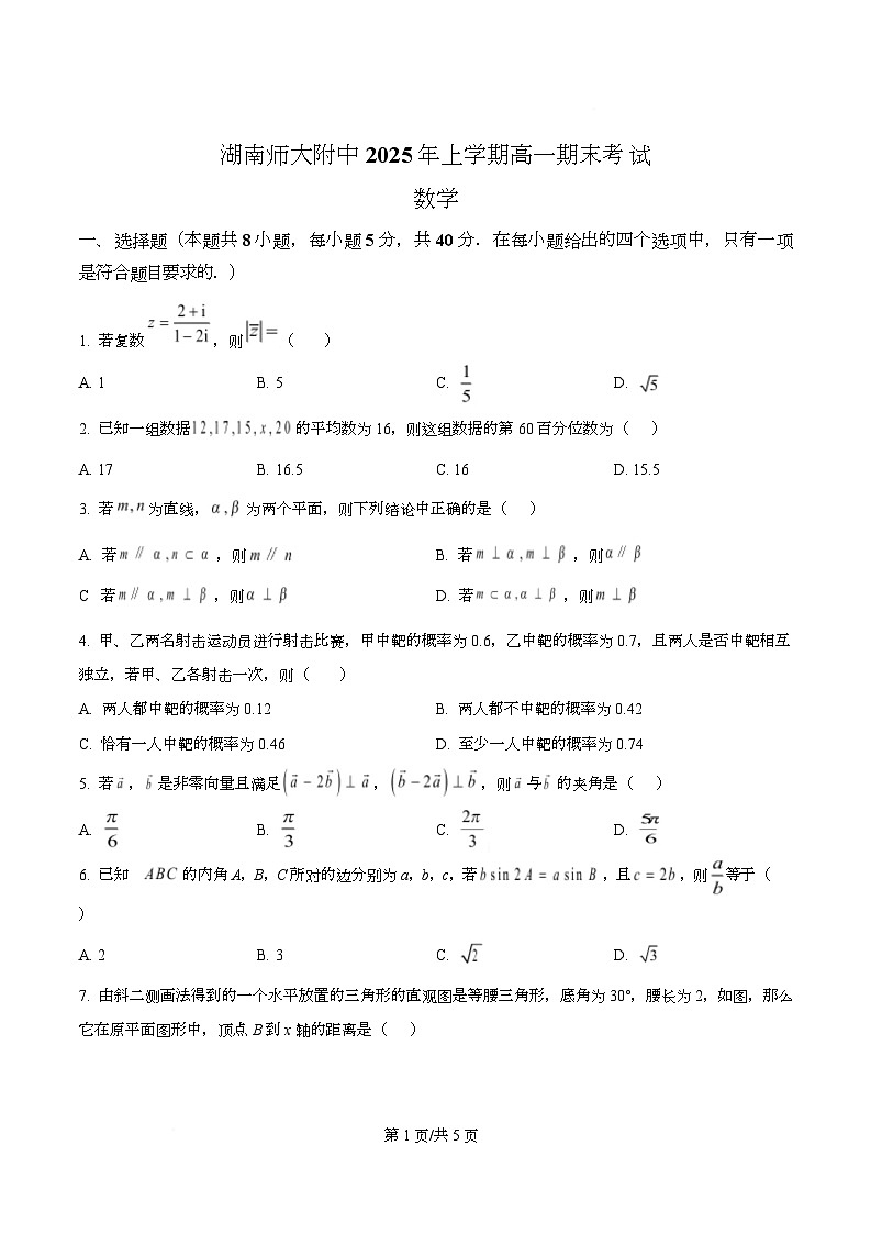 湖南省长沙市湖南师范大学附属中学2024-2025学年高一下学期期末考试数学卷  Word版无答案第1页