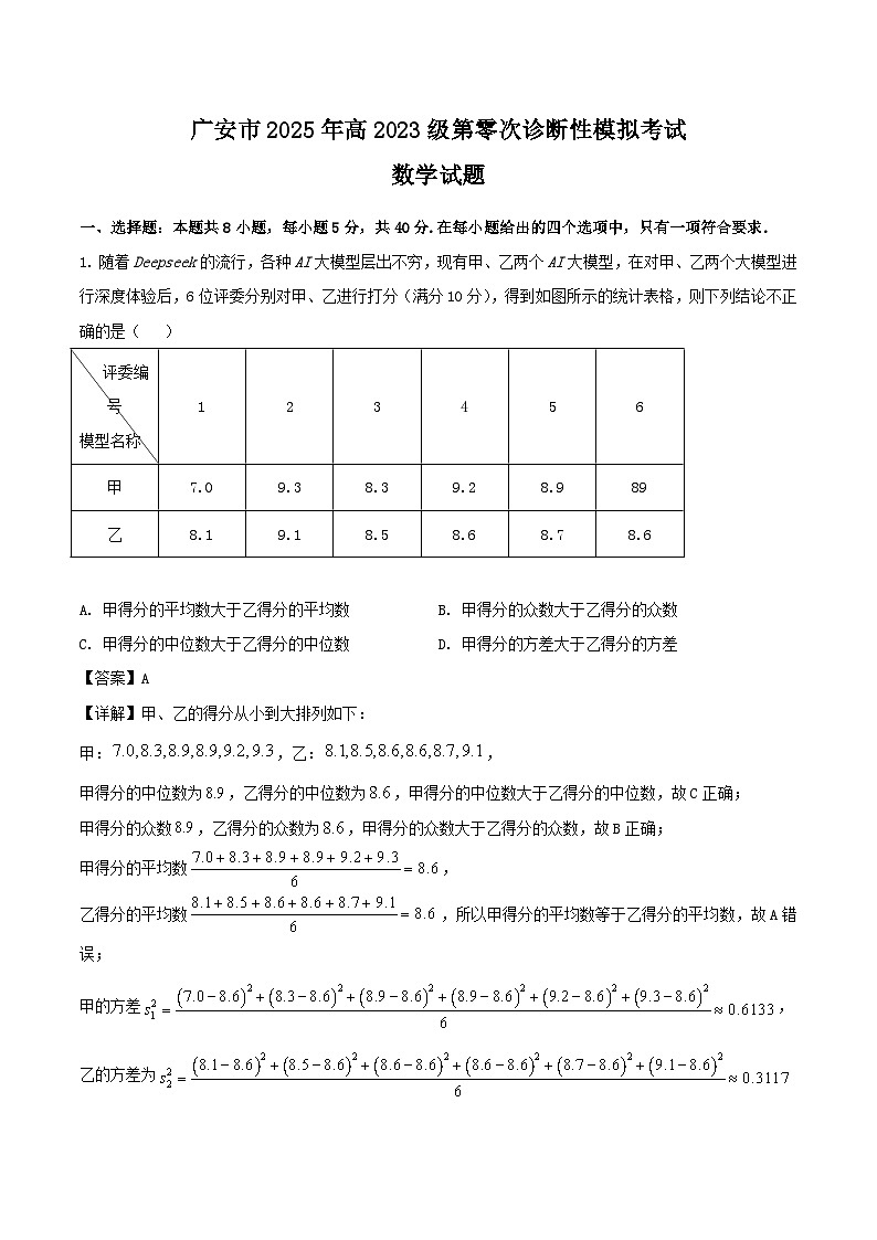 四川省广安市2024-2025学年高二下学期期末考试（高三零诊）数学试卷（Word版附解析）第1页