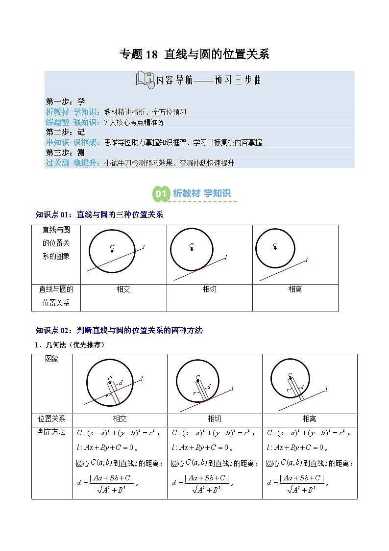 专题18 直线与圆的位置关系（4知识点+7大题型+思维导图+过关检测）（原卷版）第1页