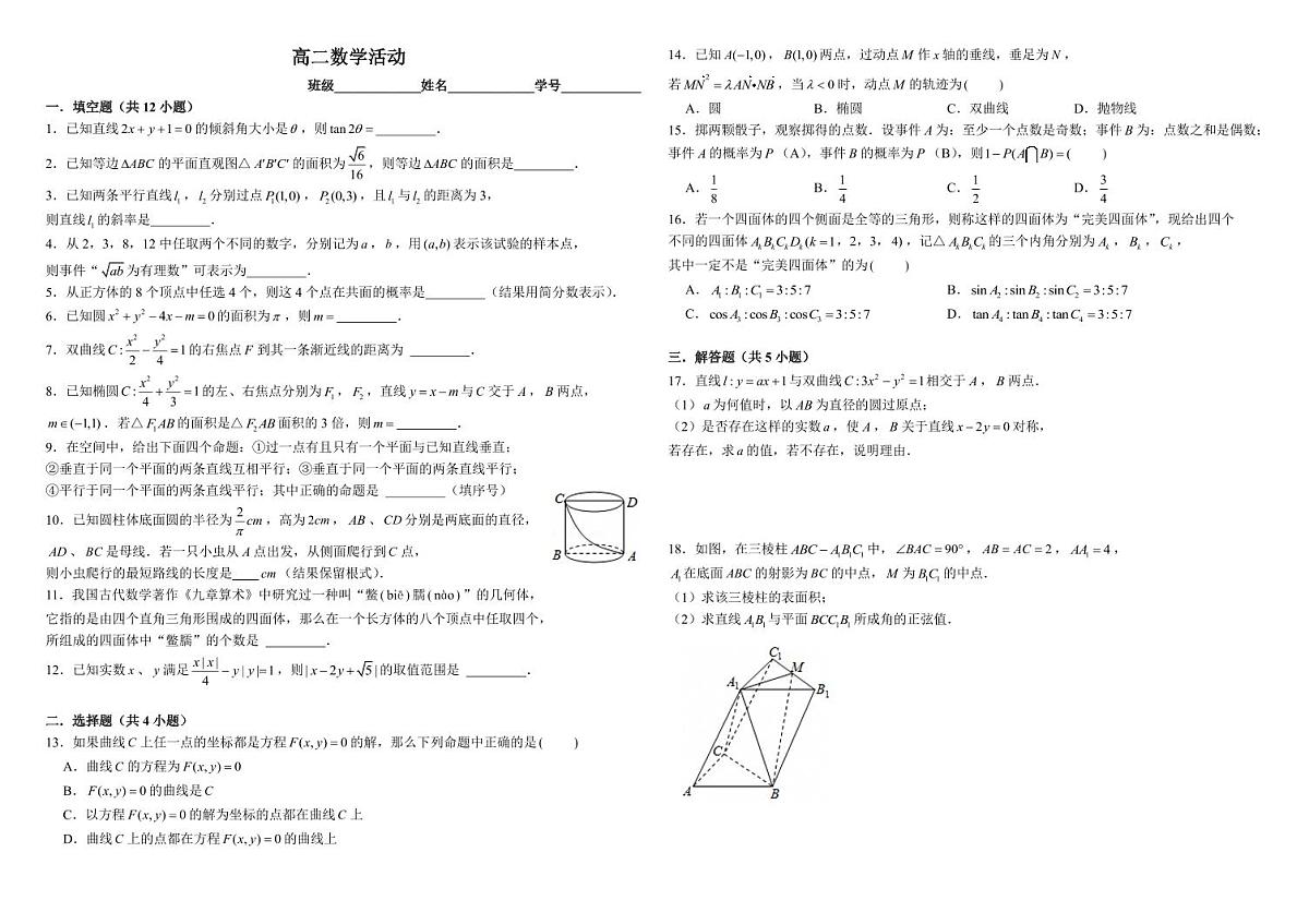 上海市建平中学2024-2025学年高二下学期开学考试数学试题20250218第1页
