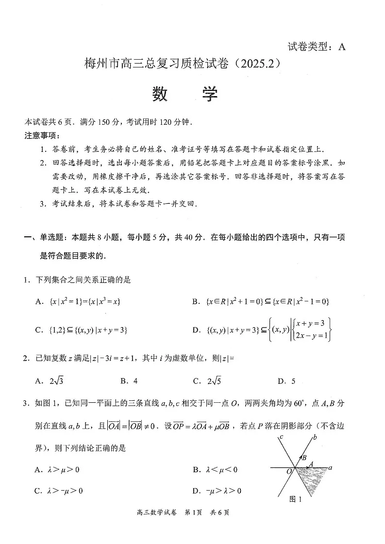 广东省梅州市高三2月一模-数学试卷（含答案）第1页