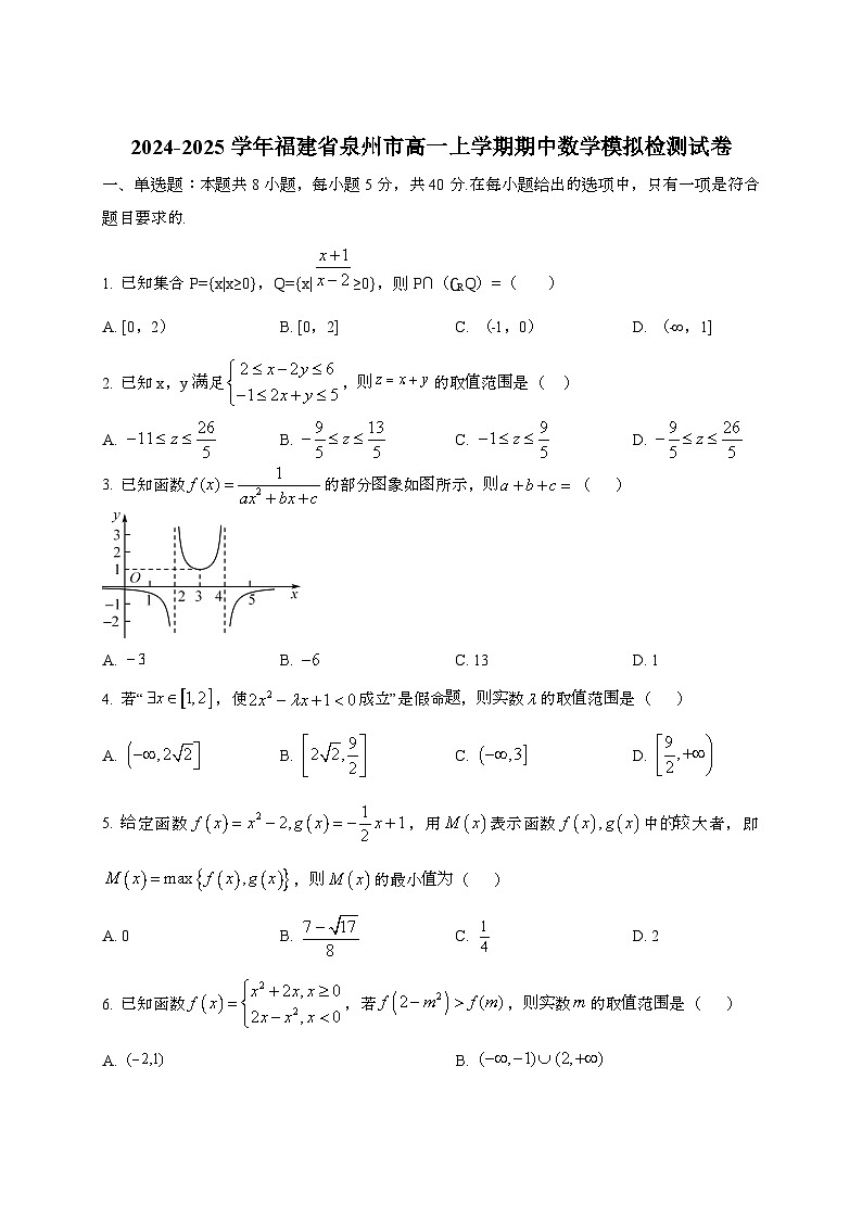 2024_2025学年_福建省泉州市高一上学期期中数学模拟检测试卷第1页
