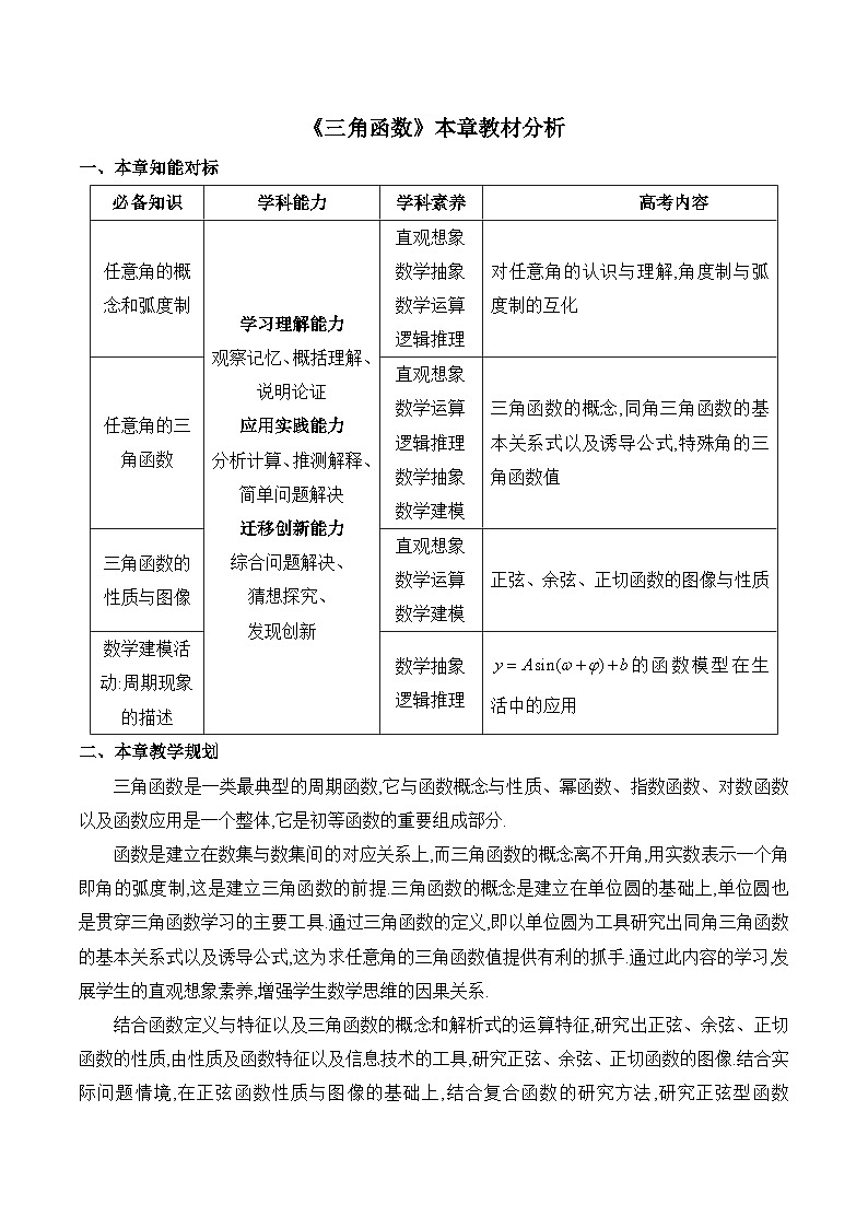 人教B版高中数学必修3 第七章《三角函数》本章教材分析 讲义第1页