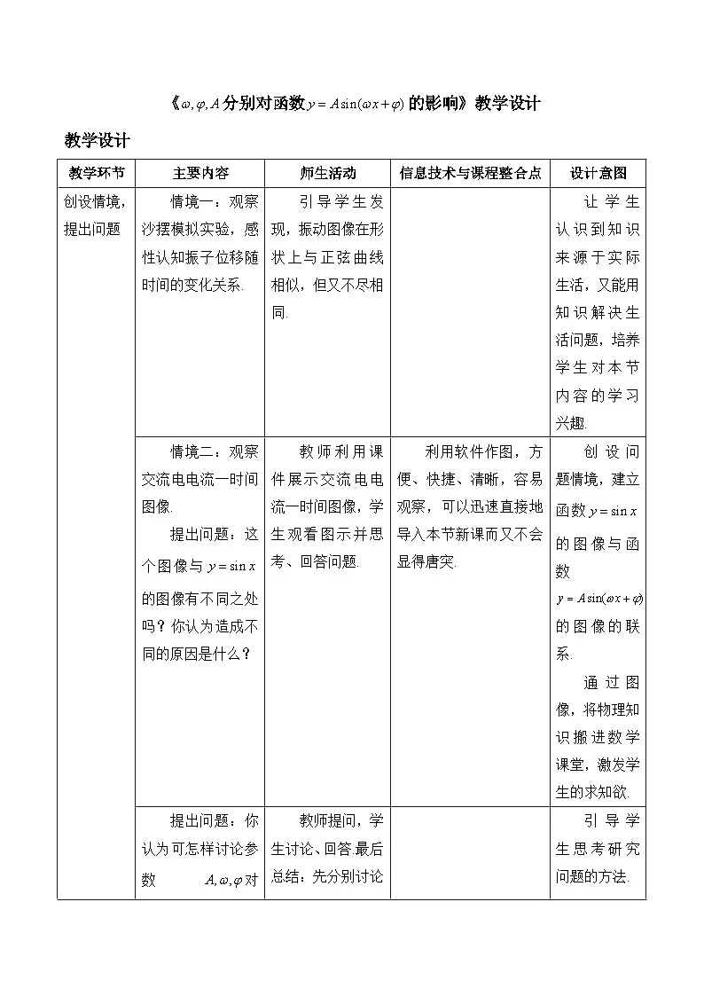 人教B版高中数学必修3 7-3-2《ω、φ、A分别对函数y＝Asin（ωx＋φ）的影响》教学设计第1页