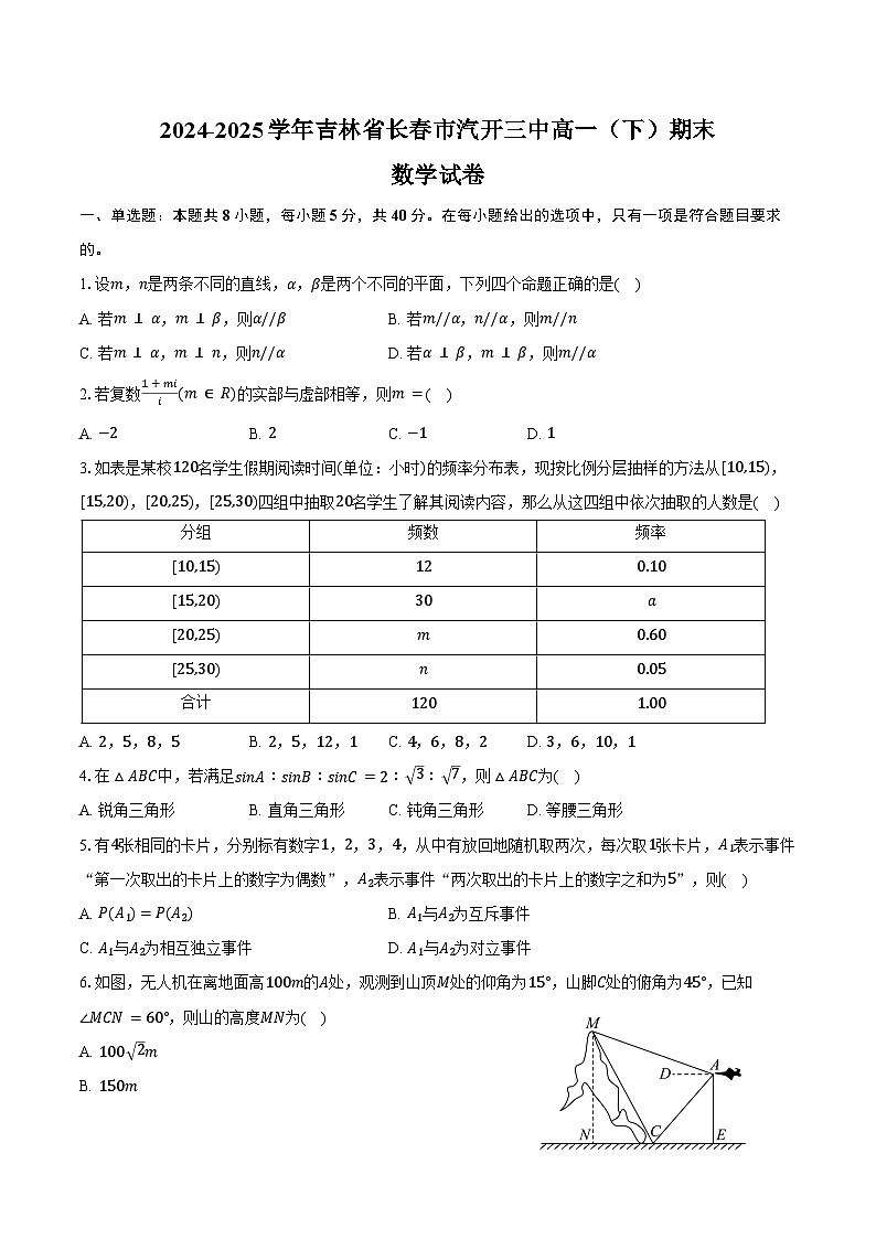 2024-2025学年吉林省长春市汽开三中高一（下）期末数学试卷（含解析）第1页