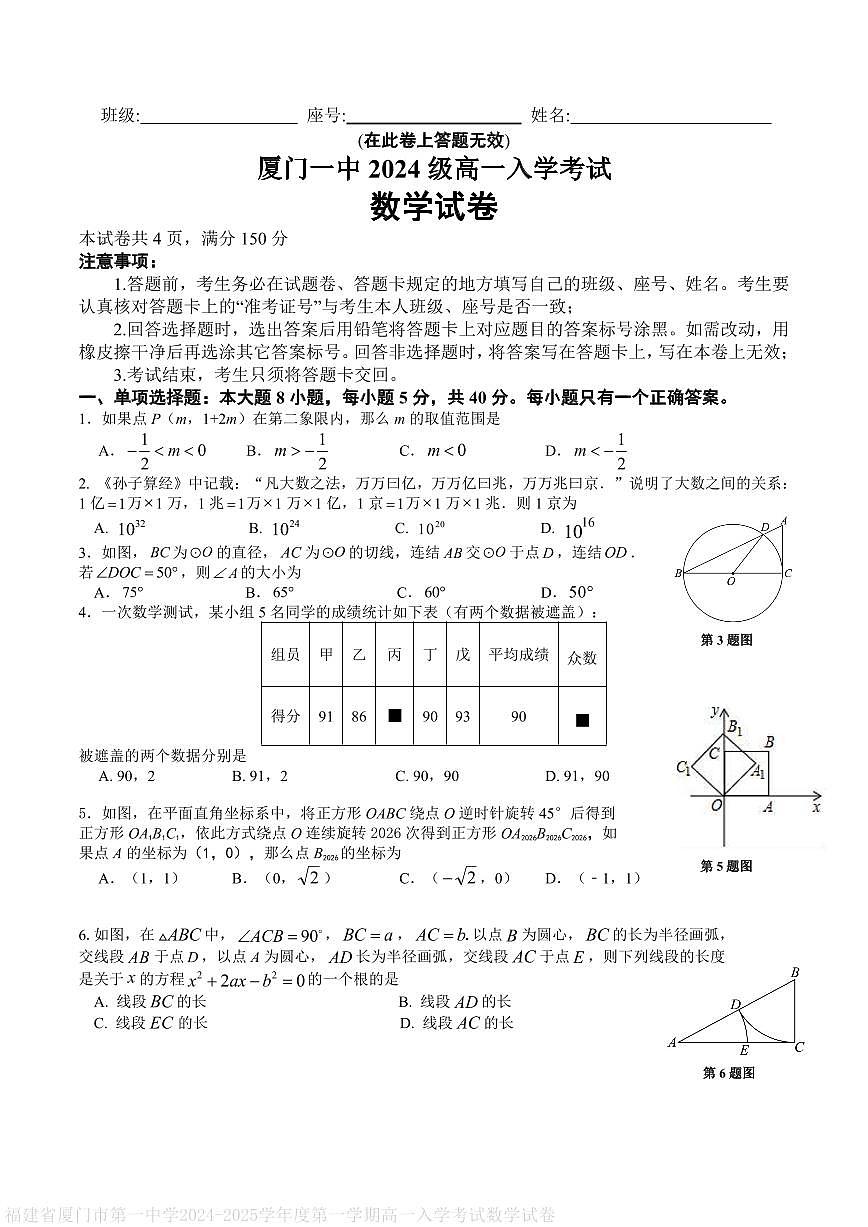 福建省厦门市第一中学2024-2025学年度第一学期高一入学考试数学试卷第1页