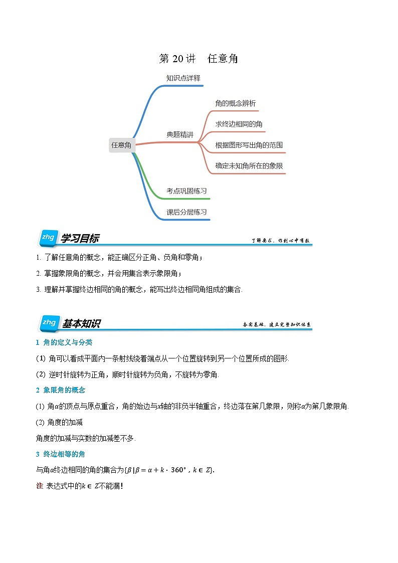 第20讲  任意角 2024年新高一暑假数学预习课（人教A版2019必修第一册）（解析版）第1页