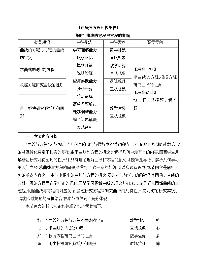 人教B版高中数学选修1 2-4《曲线与方程1-方程的曲线》教学设计第1页