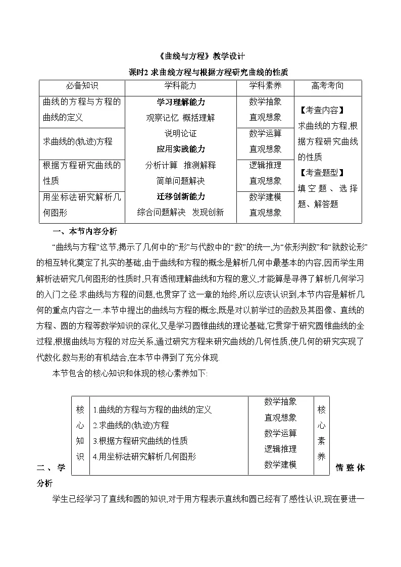 人教B版高中数学选修1 2-4《曲线与方程2》教学设计第1页