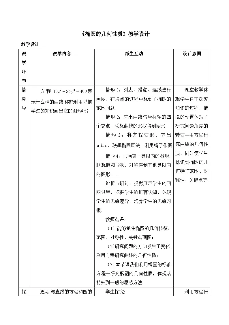 人教B版高中数学选修1 2-5-1《椭圆的几何性质》-教学设计第1页