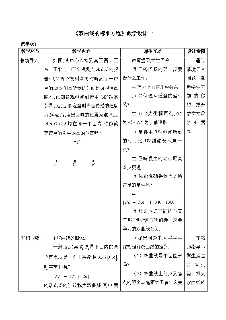 人教B版高中数学选修1 2-6-1《双曲线的标准方程》-教学设计第1页