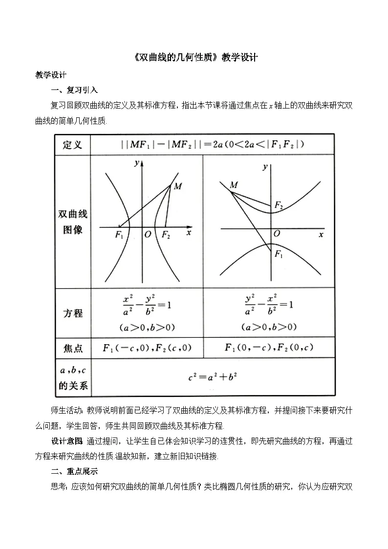人教B版高中数学选修1 2-6-2《双曲线的几何性质》-教学设计第1页