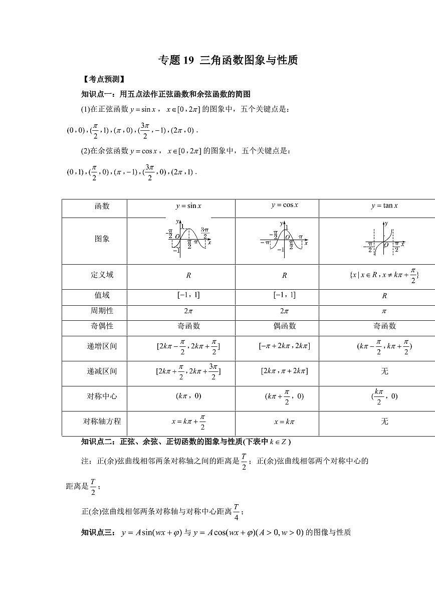 专题19 三角函数图象与性质  高中数学一轮复习专项练习（原卷版）第1页