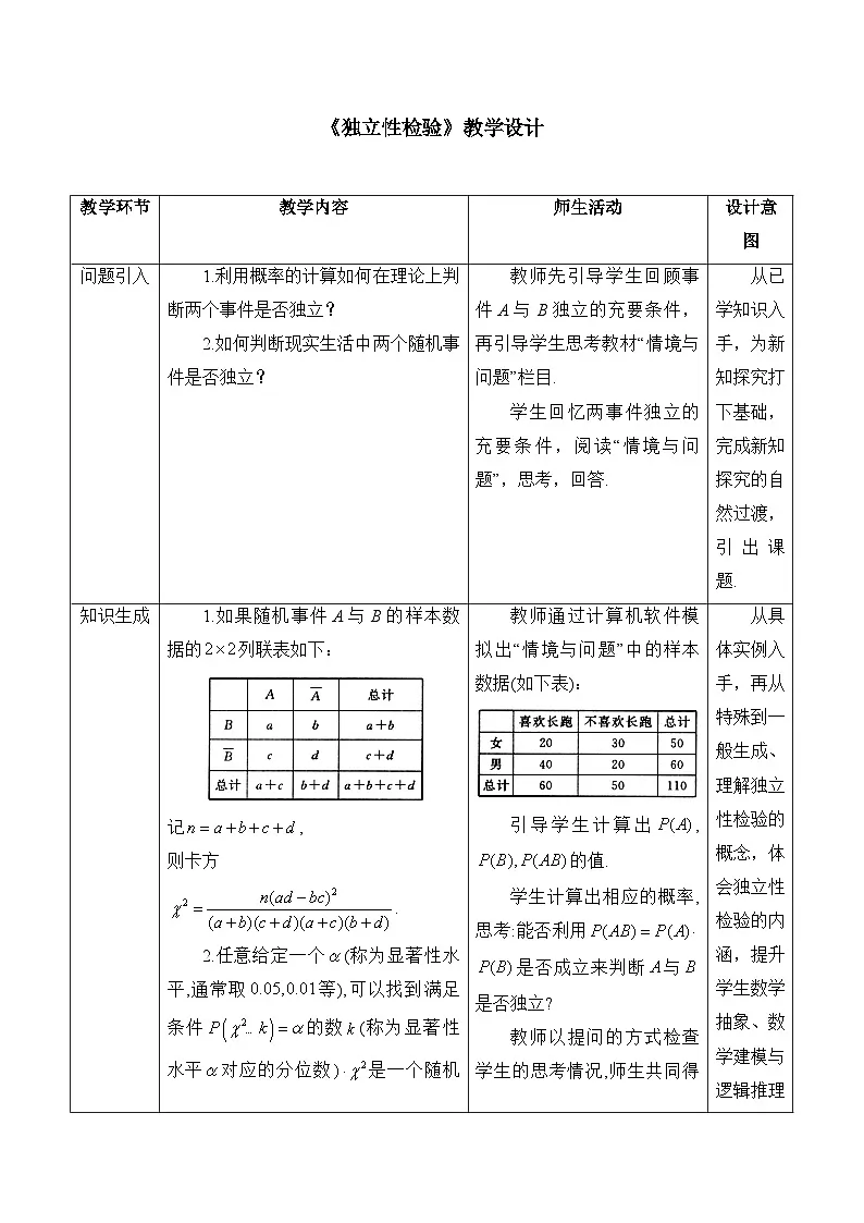 人教B版高中数学选修2 4-3-2《独立性检验》教学设计第1页
