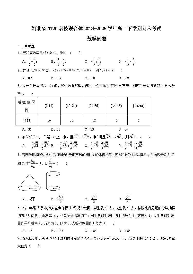 河北省NT20名校联合体2024-2025学年高一下学期期末考试数学试卷（Word版附解析）第1页