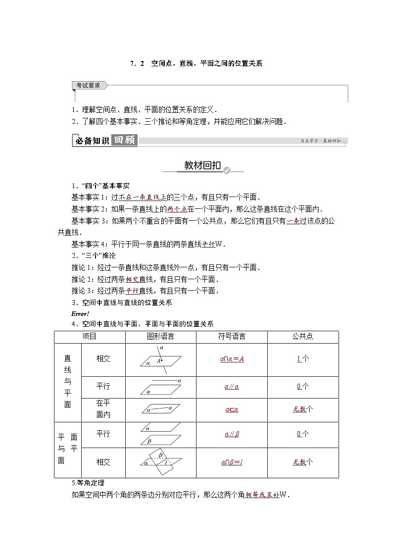 高考数学精品讲义练习【一轮复习】第七章　7．2　空间点、直线、平面之间的位置关系第1页