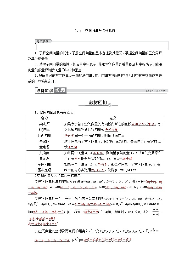 高考数学精品讲义练习【一轮复习】第七章　7．6　空间向量与立体几何第1页