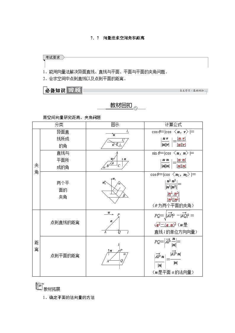 高考数学精品讲义练习【一轮复习】第七章　7．7　向量法求空间角和距离第1页