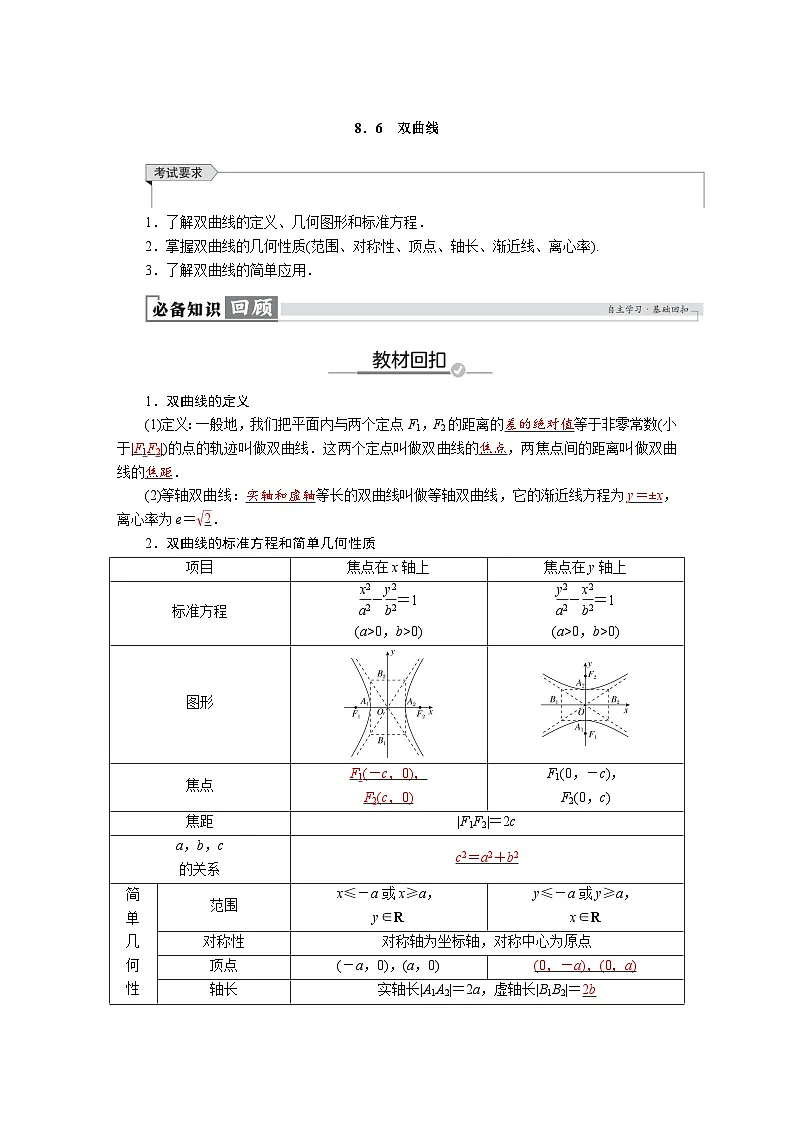 高考数学精品讲义练习【一轮复习】第八章　8．6　双曲线第1页