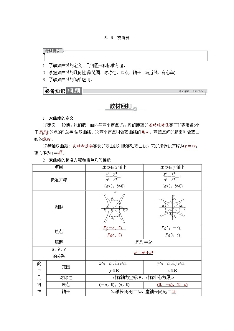 高考数学精品讲义练习【一轮复习】第八章　8．6　双曲线第1页