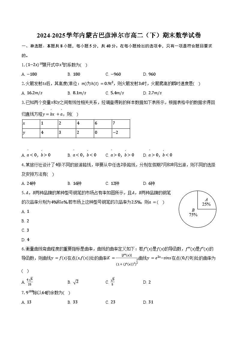 2024-2025学年内蒙古巴彦淖尔市高二（下）期末数学试卷（含解析）第1页