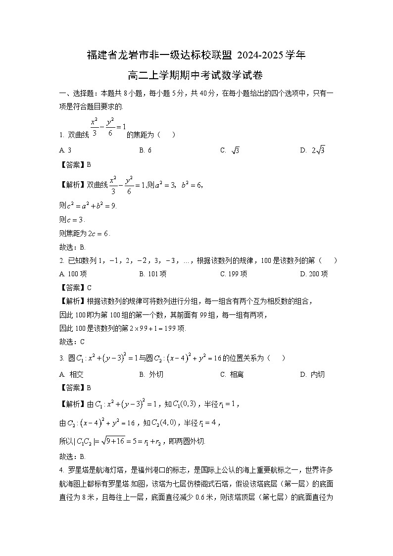 福建省龙岩市非一级达标校联盟2024-2025学年高二上学期期中考试数学试卷（解析版）第1页