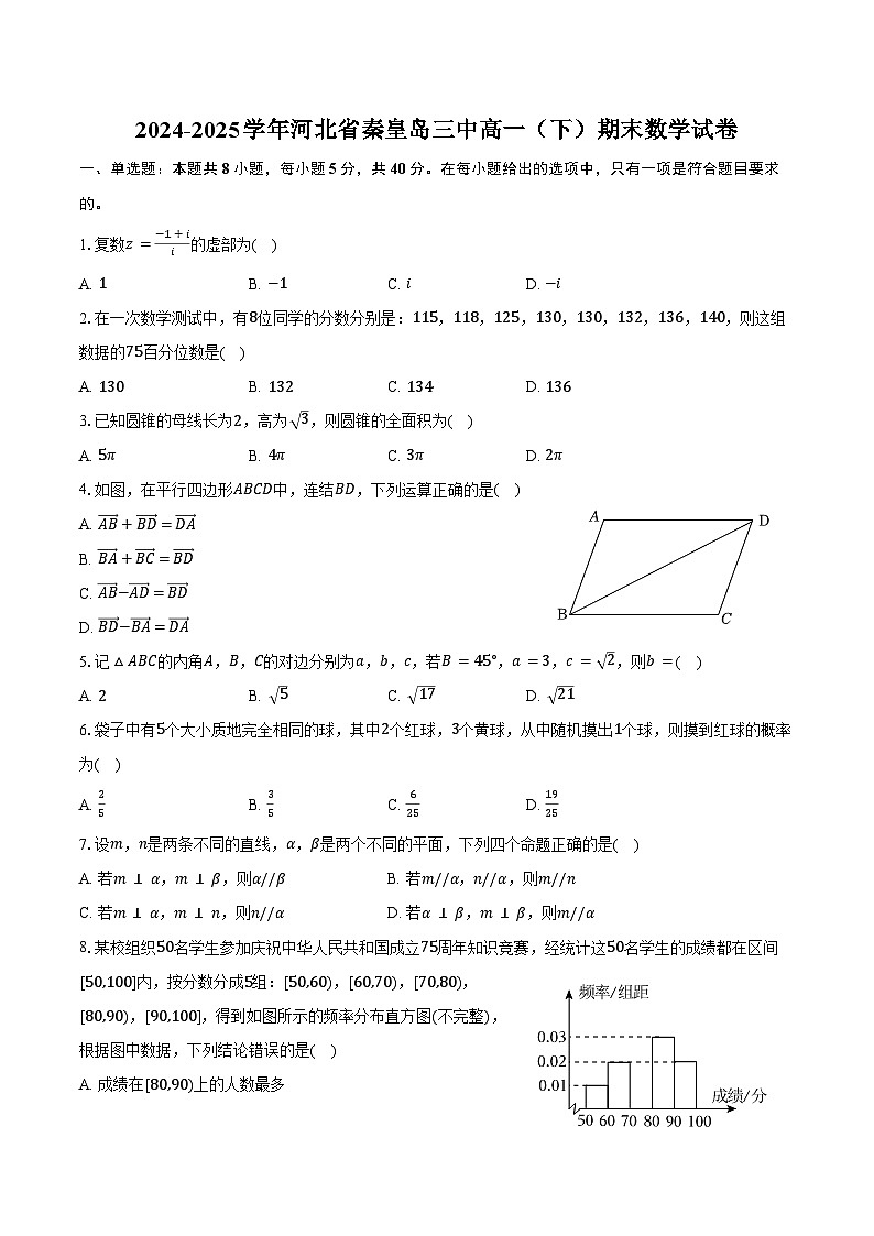 2024-2025学年河北省秦皇岛三中高一（下）期末数学试卷（含答案）第1页