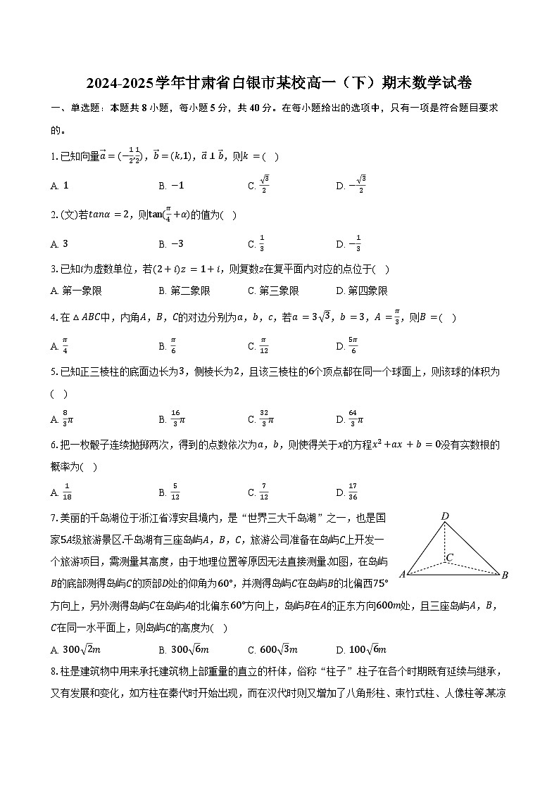 2024-2025学年甘肃省白银市某校高一（下）期末数学试卷（含解析）第1页