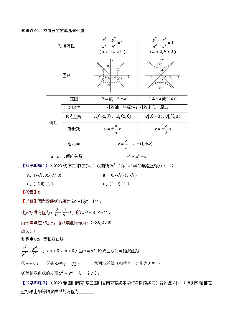 (人教A版数学选择性必修一)2025年秋季学期讲义第29讲3.2.2双曲线的简单几何性质(学生版+教师版)第2页