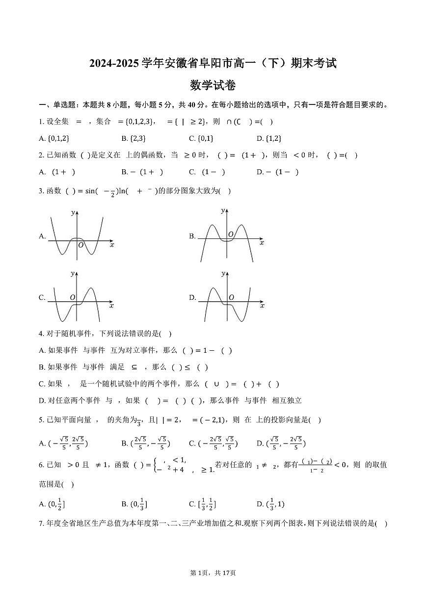 2024-2025学年安徽省阜阳市高一（下）期末数学试卷（含解析）第1页